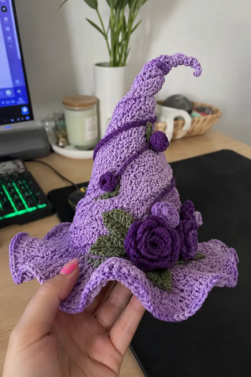 Big Lavender Dreams Spiral Witch Hat with Purple Roses Pattern crochet pattern - detailed view of completed project