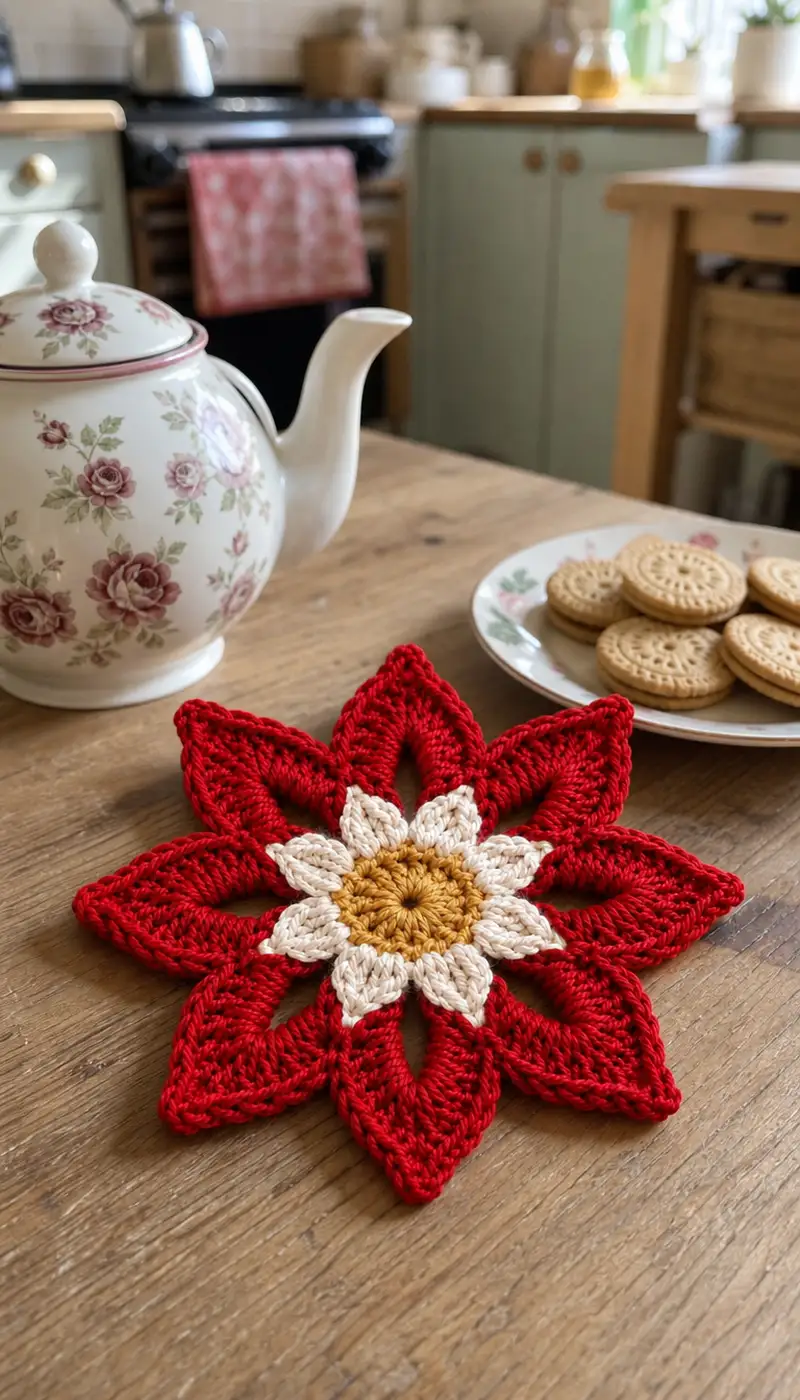 Festive Poinsettia Flower Trivet Pattern crochet pattern - detailed view of completed project