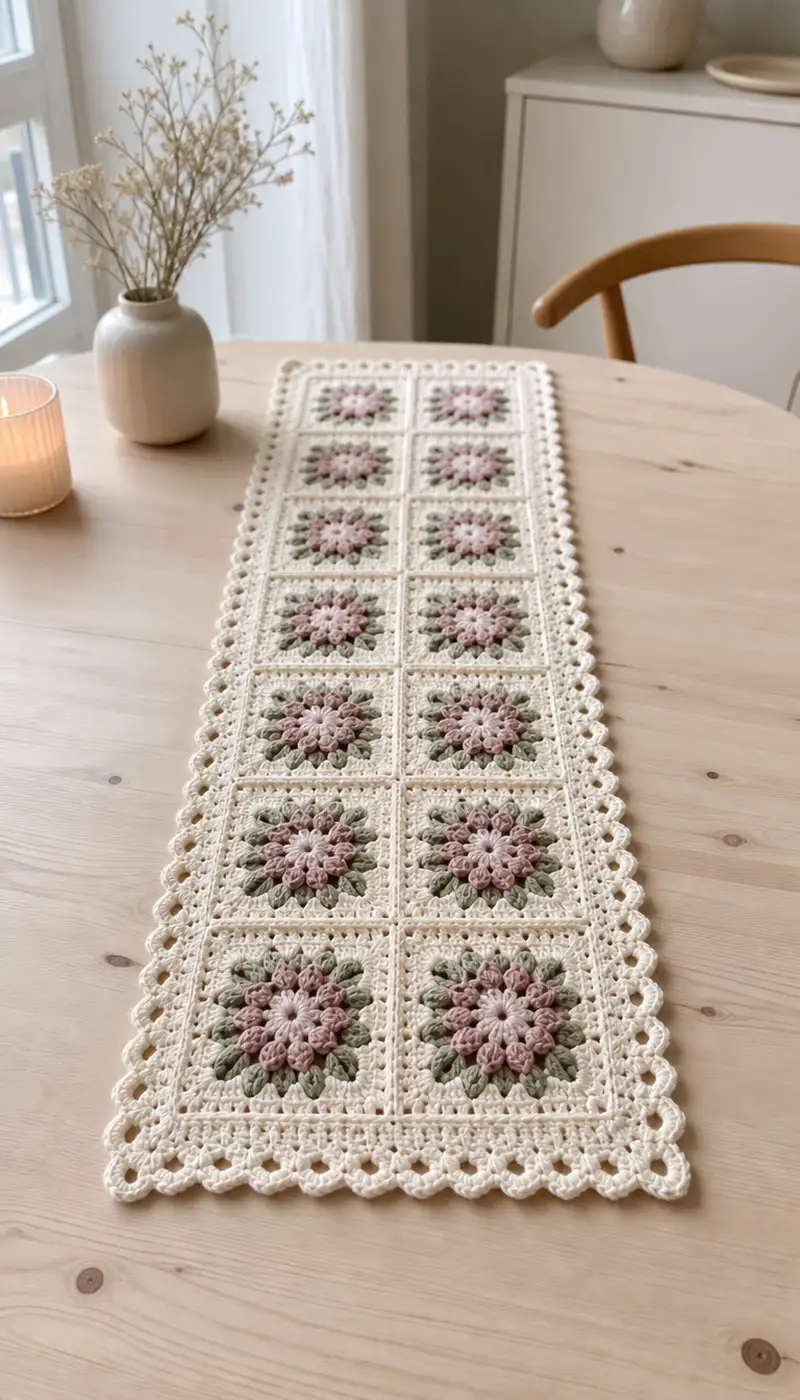 Elegant Floral Granny Square Table Runner Pattern crochet pattern - detailed view of completed project
