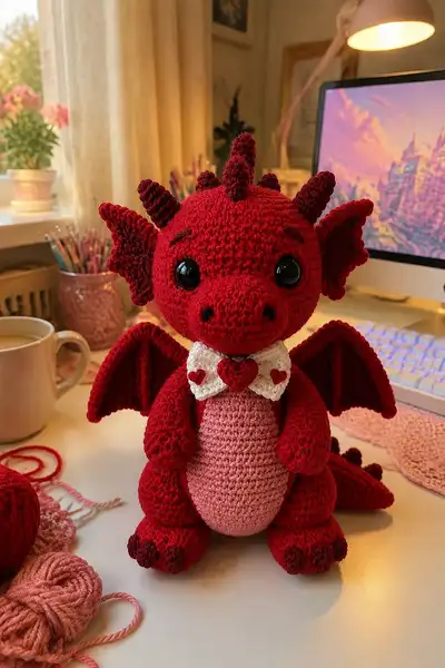 Big Ruby Love Dragon Wearing a Heart Bow Tie Amigurumi Pattern step 1 - construction progress