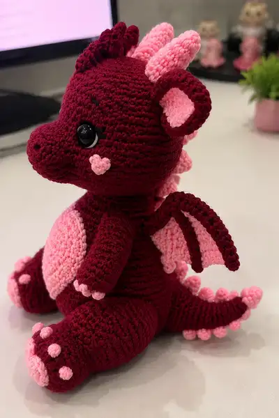Big Burgundy Sweetheart Dragon Amigurumi Pattern step 2 - assembly progress