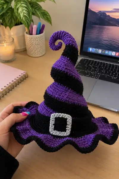 Striped Spiraled Witch Hat Pattern step 1 - construction progress