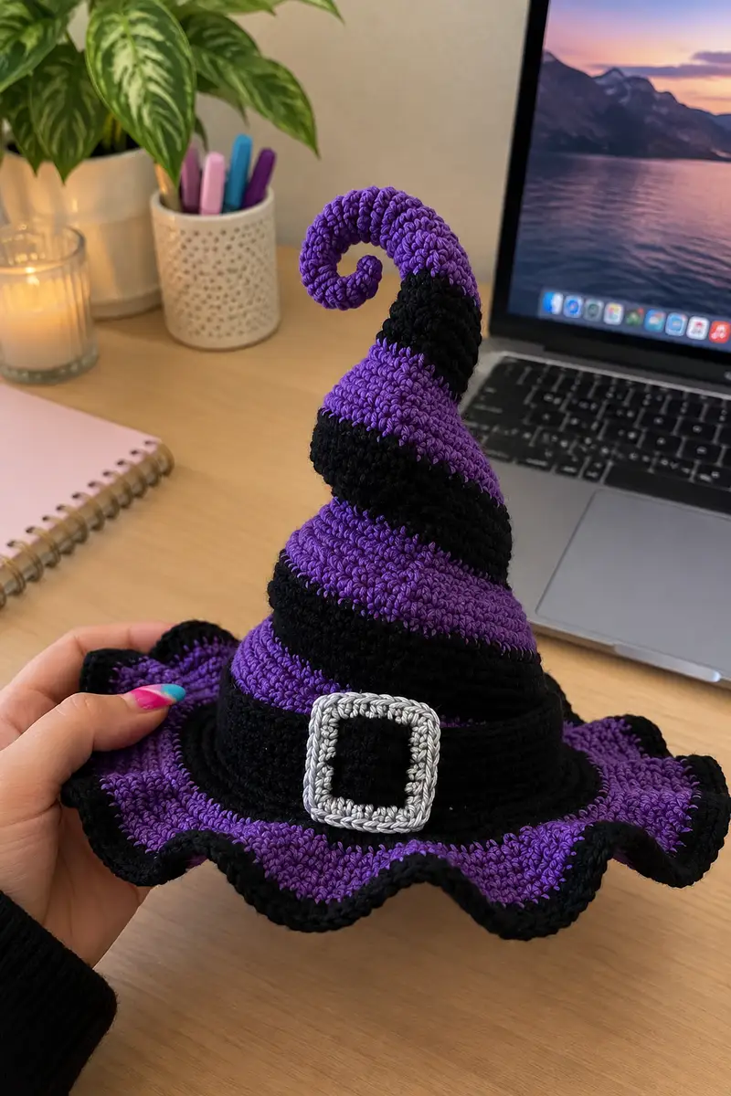 Striped Spiraled Witch Hat Pattern crochet pattern - detailed view of completed project