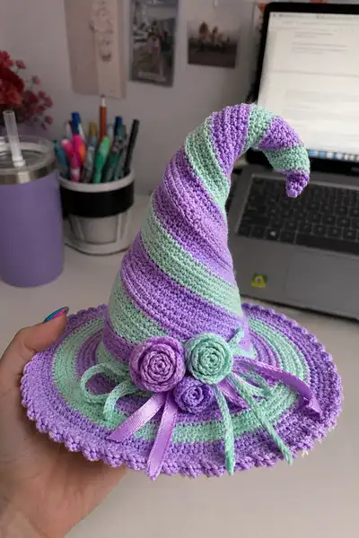 Big Lilac and Mint Spiral Witch Hat Pattern step 1 - construction progress