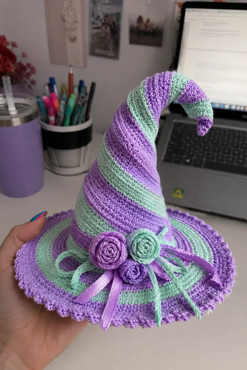 Big Lilac and Mint Spiral Witch Hat Pattern crochet pattern - detailed view of completed project