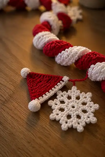Red and White Spiral Christmas Garland Pattern step 2 - assembly progress