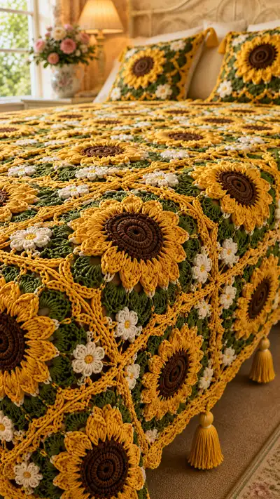 Sunflower Daisy Granny Bedspread Pattern step 2 - assembly progress