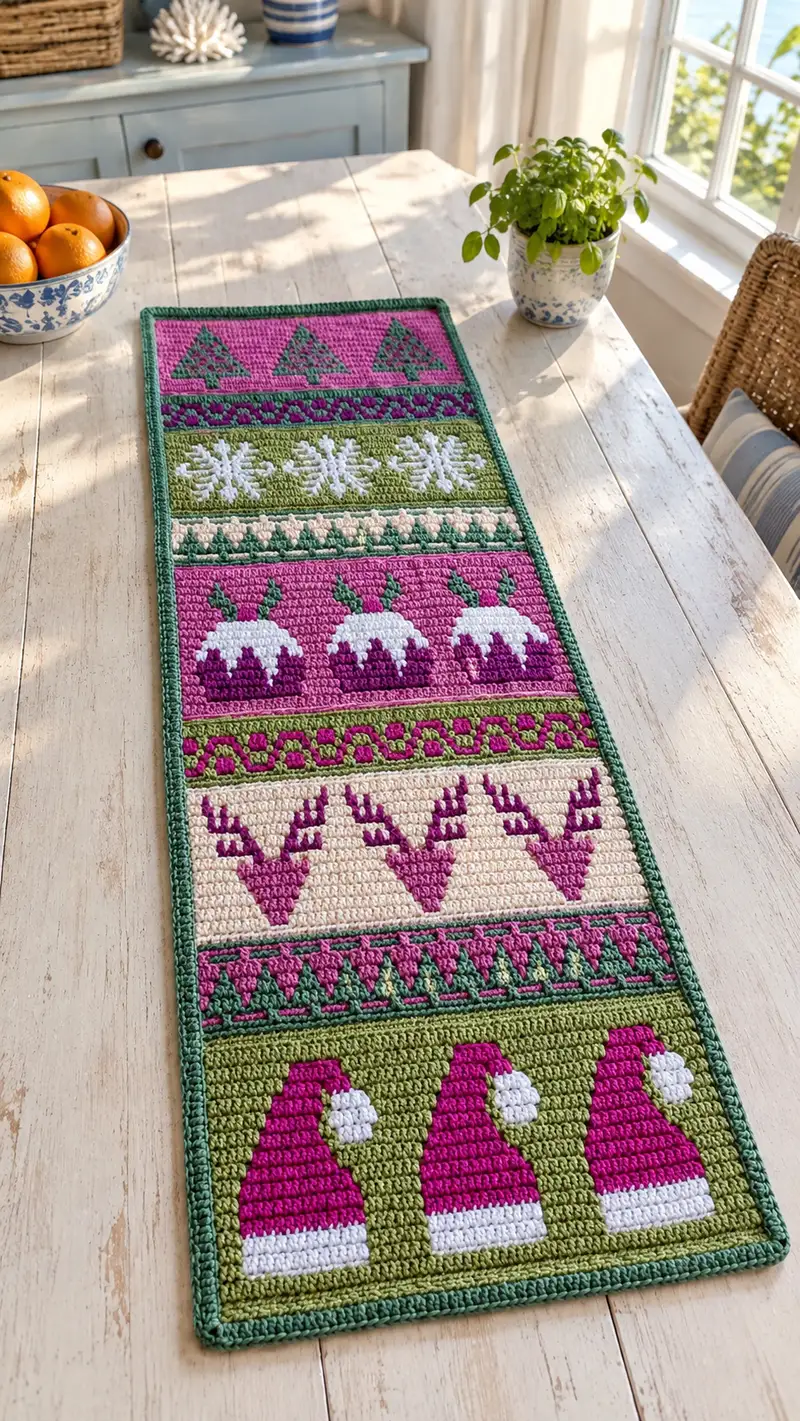 Festive Fair Isle Table Runner Pattern crochet pattern - detailed view of completed project