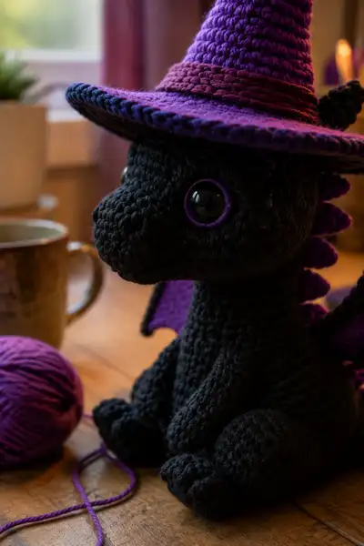 Big Witch Dragon with Purple Hat and Broomstick Tail Amigurumi Pattern step 2 - assembly progress