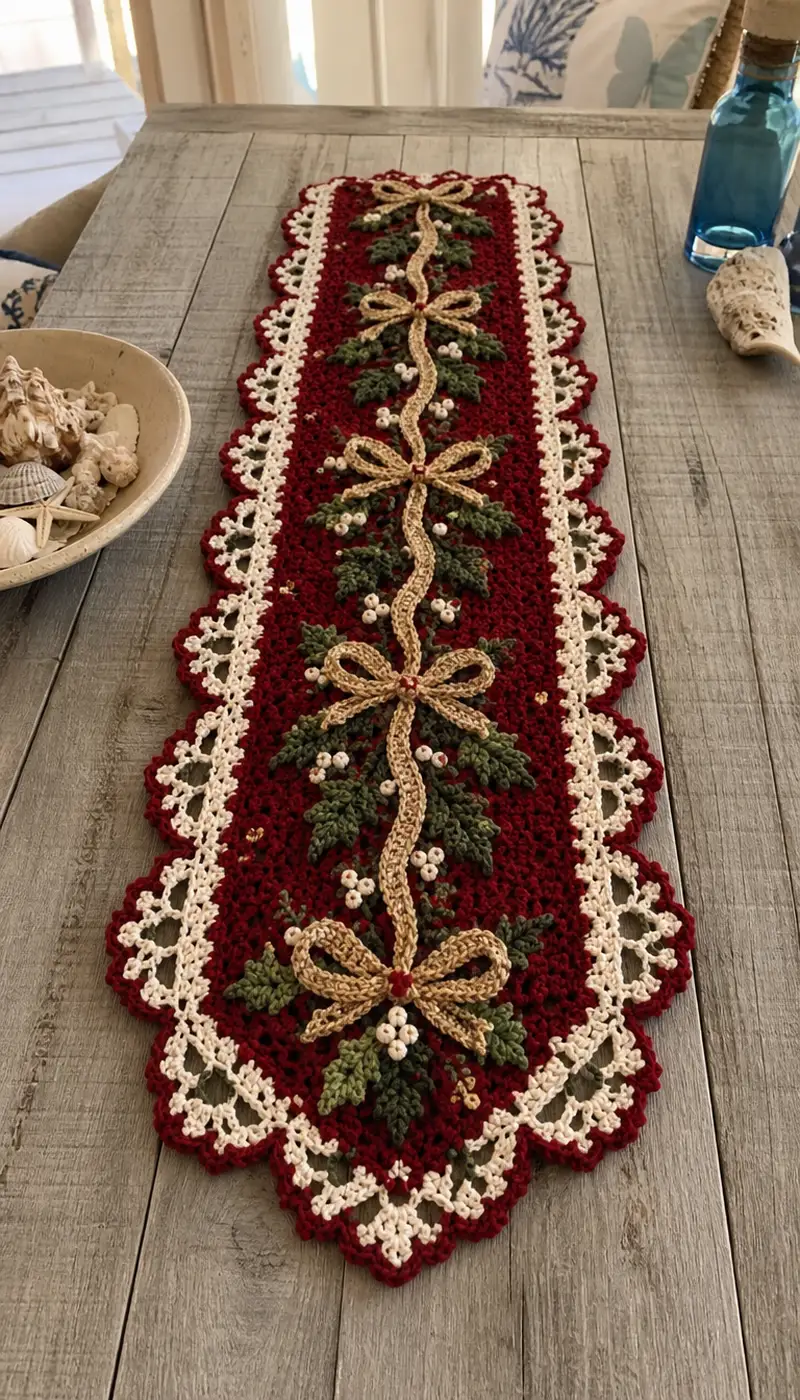 Burgundy Holly Bow Crochet Table Runner Pattern crochet pattern - detailed view of completed project