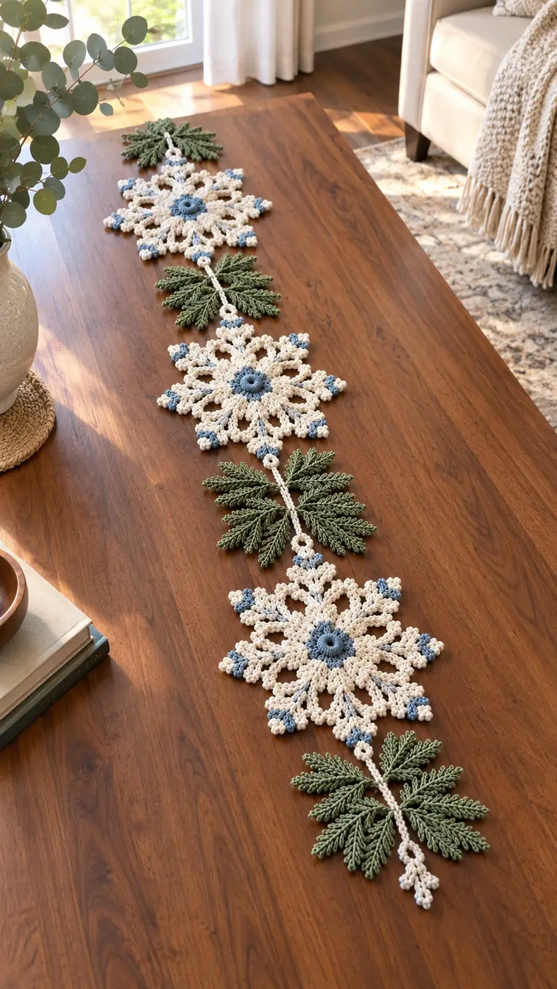 Snowflake & Cedar Table Runner Pattern crochet pattern - detailed view of completed project