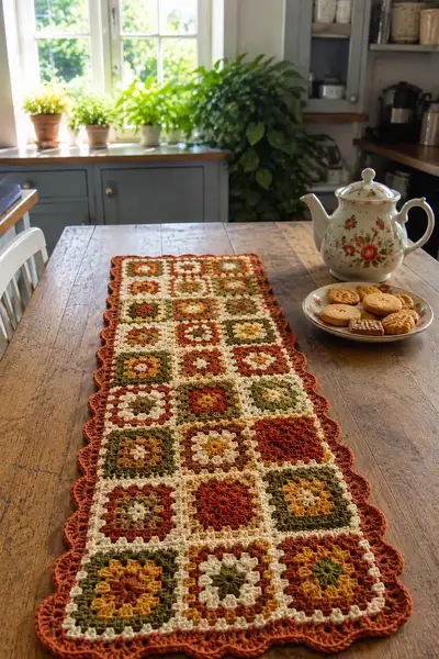 Boho Granny Square Table Runner in Warm Earth Tones Pattern step 1 - construction progress