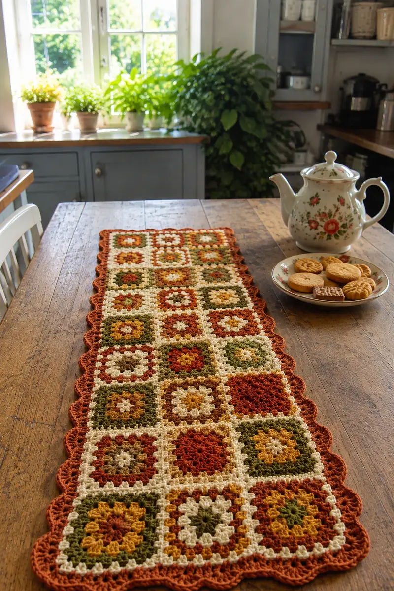 Boho Granny Square Table Runner in Warm Earth Tones Pattern crochet pattern - detailed view of completed project