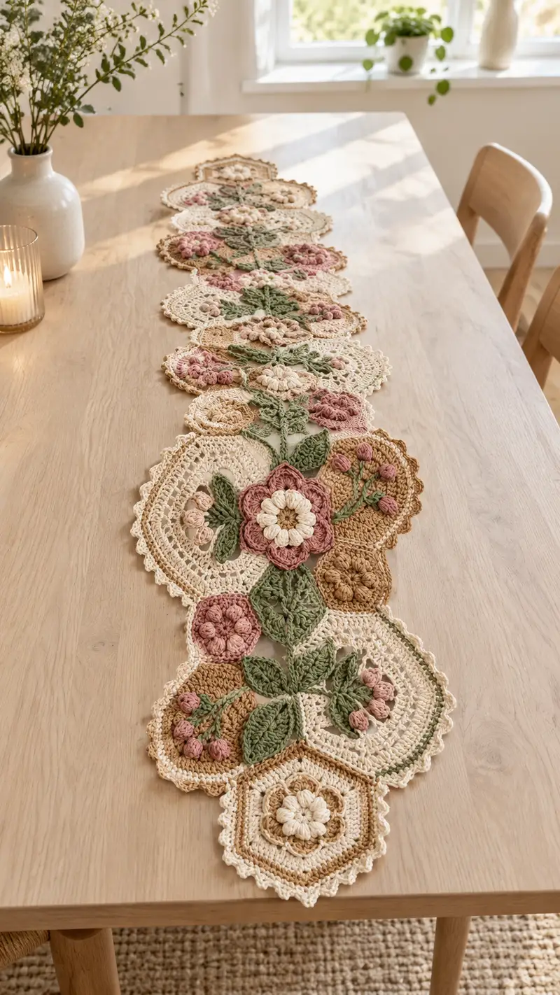 Vintage Floral Table Runner Pattern crochet pattern - detailed view of completed project