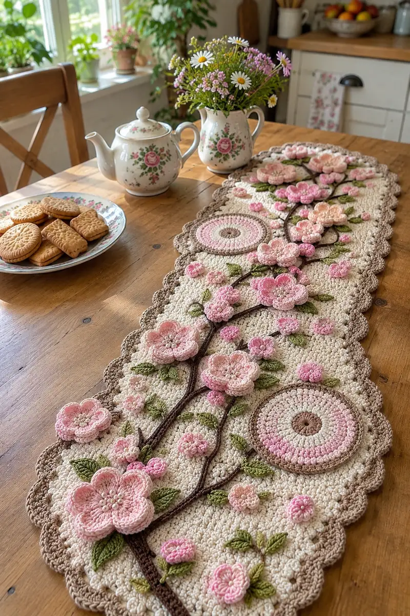 Cherry Blossom Crochet Table Runner Pattern crochet pattern - detailed view of completed project