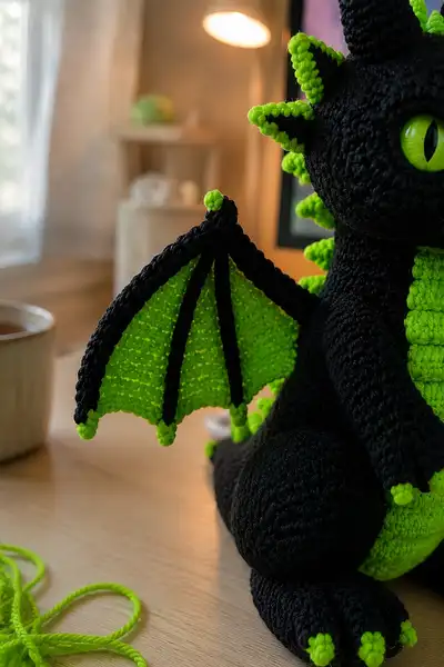 Spooky Neon Green Dragon Amigurumi Pattern step 2 - assembly progress