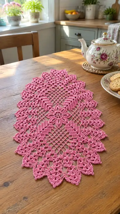 Pink Floral Oval Lace Table Runner Pattern step 1 - construction progress