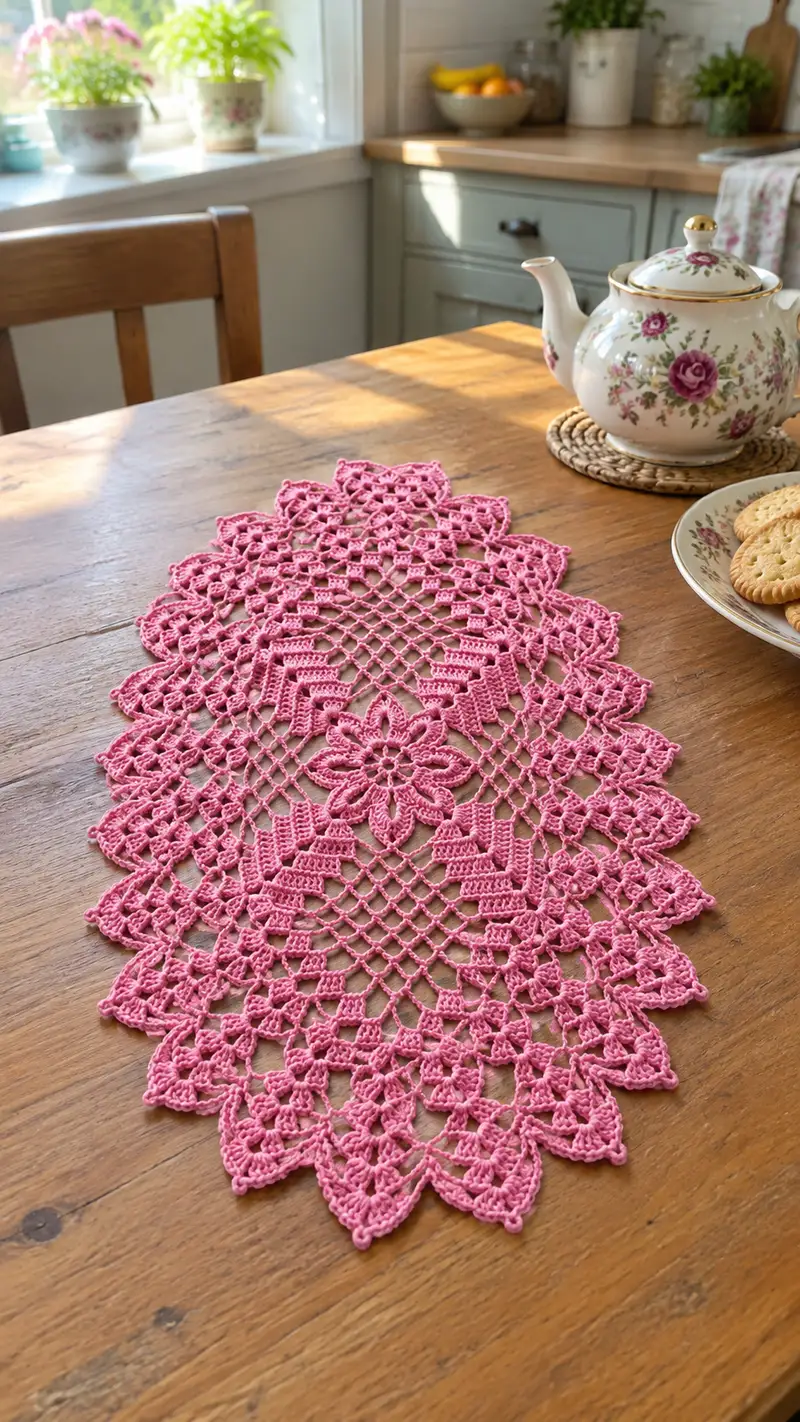 Pink Floral Oval Lace Table Runner Pattern crochet pattern - detailed view of completed project