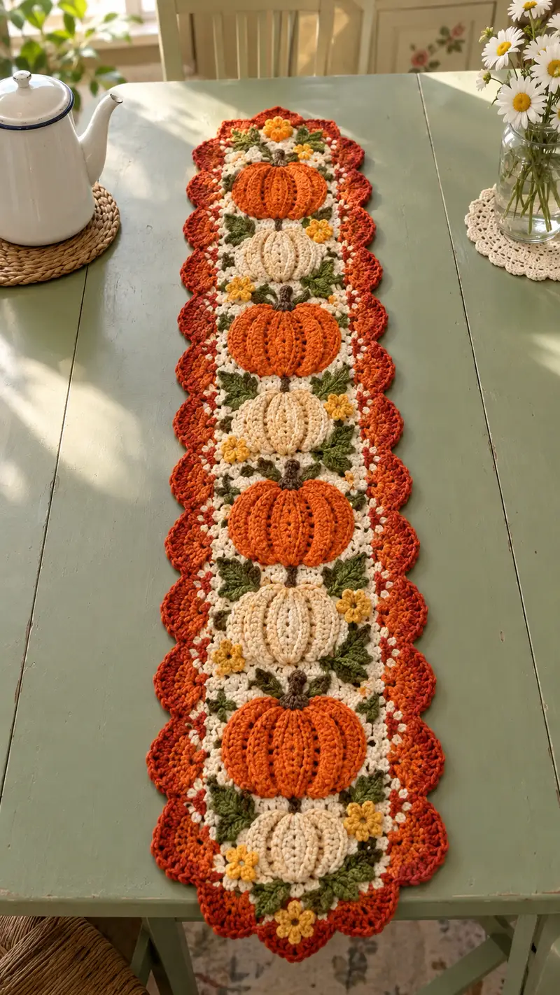 Autumn Pumpkin Table Runner Pattern crochet pattern - detailed view of completed project