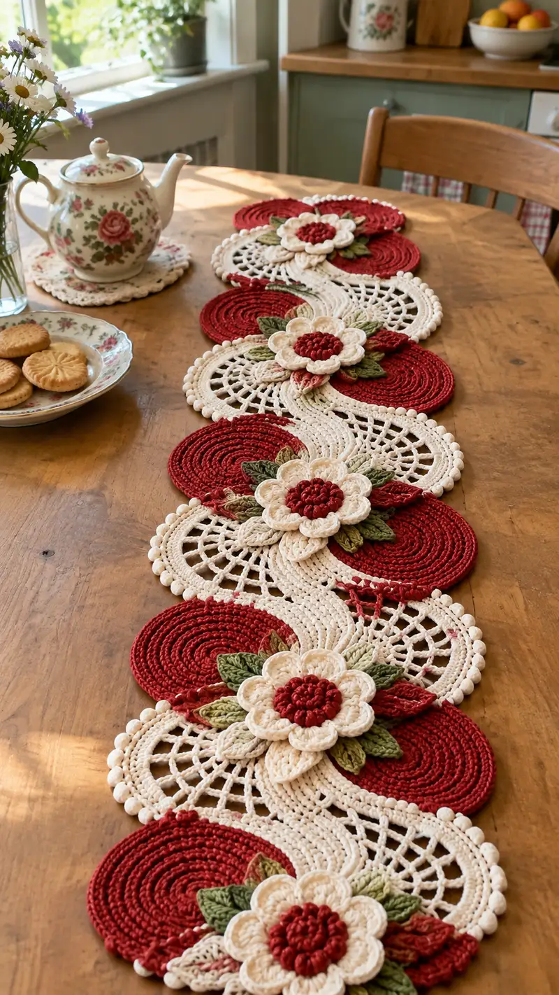 Vintage Floral Table Runner Pattern crochet pattern - detailed view of completed project