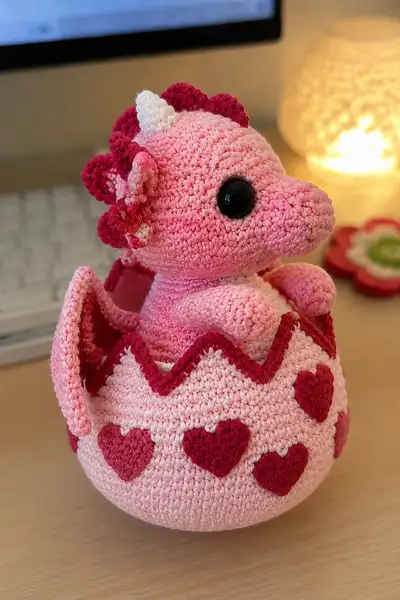 Big Valentine Baby Dragon Hatching from a Heart Egg Amigurumi Pattern step 2 - assembly progress