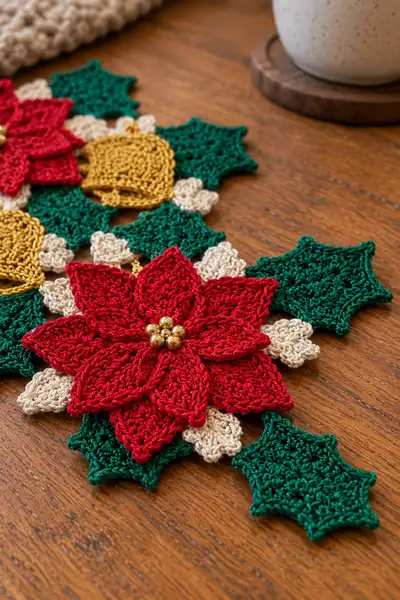 Five Point Star Poinsettia Christmas Centerpiece Pattern step 2 - assembly progress