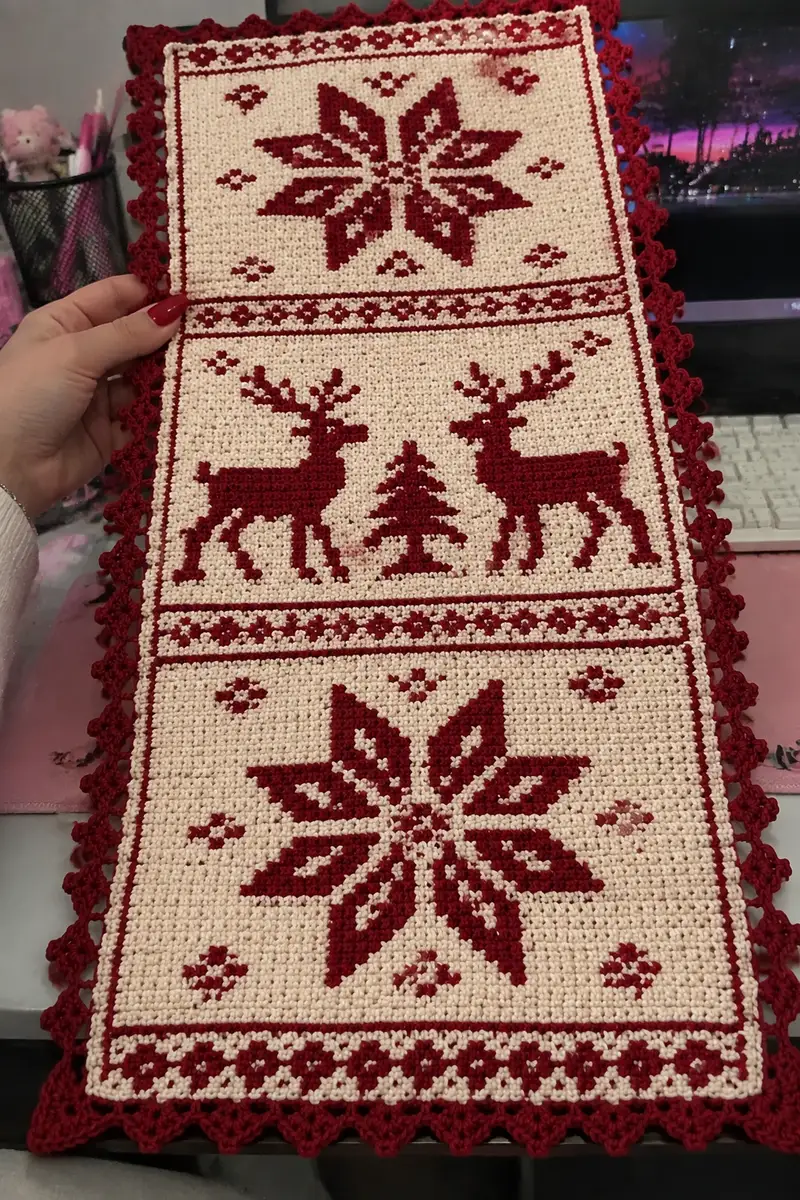 Nordic Snowflake and Reindeer Christmas Table Runner Pattern crochet pattern - detailed view of completed project