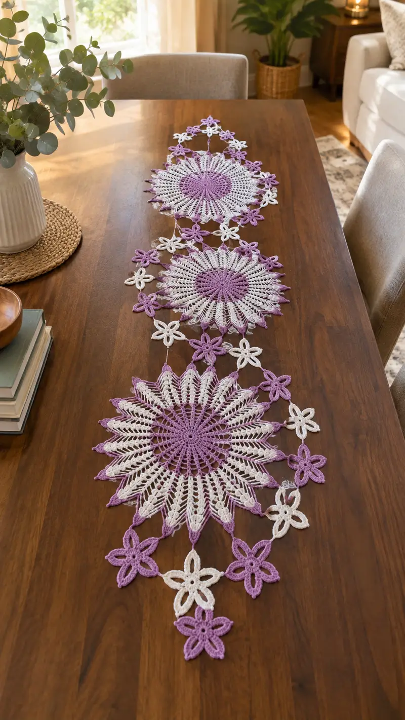 Free crochet pattern: Lacy Lavender & Cream Table Runner Pattern - Intermediate level tutorial