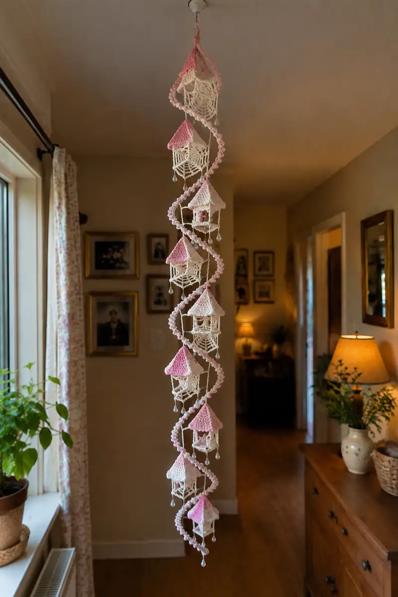 Blush Roof Spiral Garland Pattern crochet pattern - detailed view of completed project