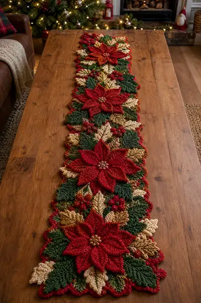 Long Poinsettia and Holly Christmas Table Runner Pattern step 1 - construction progress