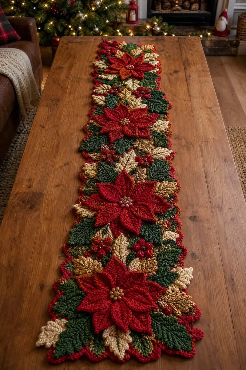Long Poinsettia and Holly Christmas Table Runner Pattern crochet pattern - detailed view of completed project