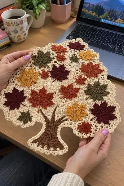 Autumn Maple Tree Doily Pattern step 1 - construction progress