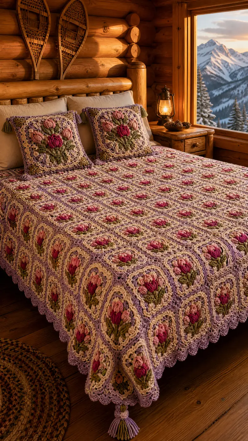 Lavender Tulip Granny Square Bedspread Pattern crochet pattern - detailed view of completed project