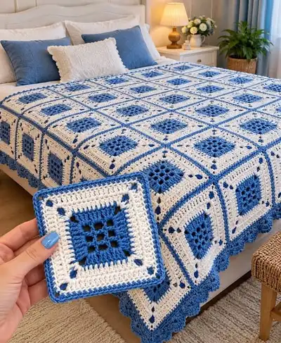 Royal Blue and Cream Granny Square Bed Throw Pattern step 1 - construction progress