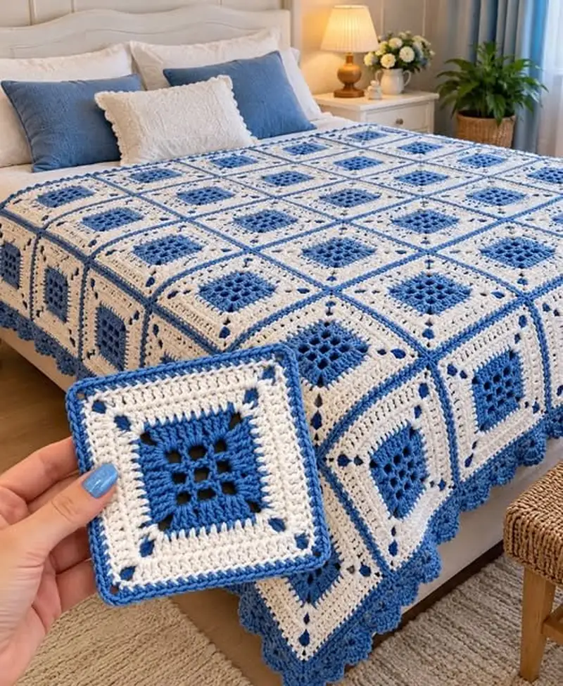 Royal Blue and Cream Granny Square Bed Throw Pattern crochet pattern - detailed view of completed project
