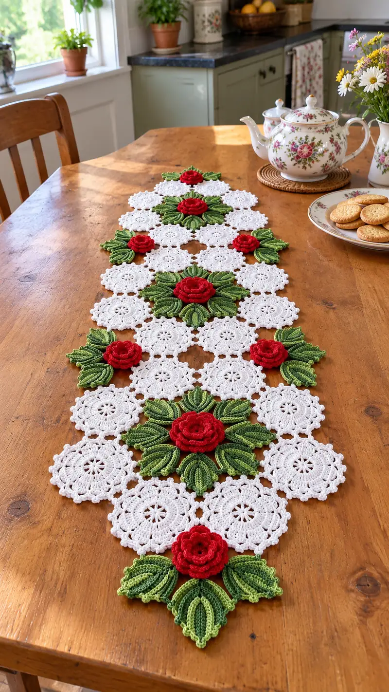 Vintage Floral Lace Table Runner Pattern crochet pattern - detailed view of completed project