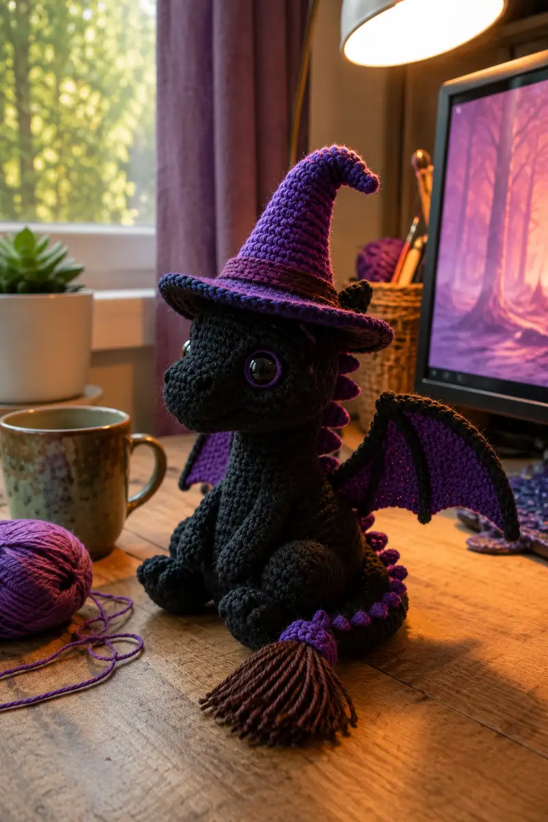 Big Witch Dragon with Purple Hat and Broomstick Tail Amigurumi Pattern crochet pattern - detailed view of completed project