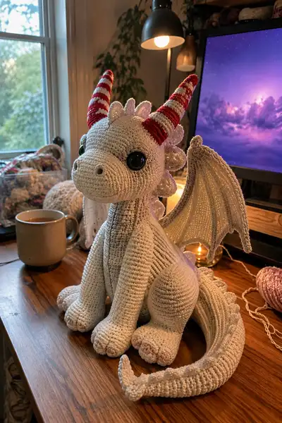 Big Snow White Dragon with Candy Cane Striped Horns Amigurumi Pattern step 1 - construction progress