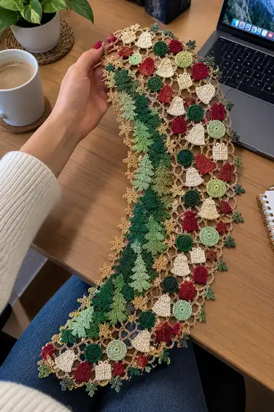 Joined Motif Christmas Tree Crochet Table Runner Pattern step 1 - construction progress