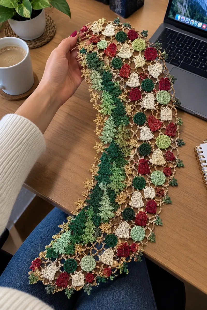 Joined Motif Christmas Tree Crochet Table Runner Pattern crochet pattern - detailed view of completed project