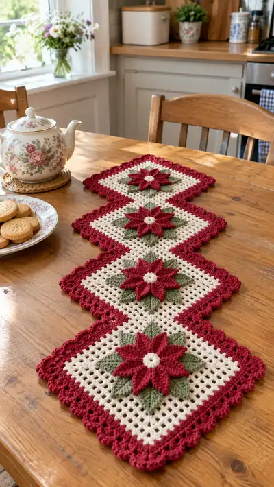 Holiday Poinsettia Square Table Runner Pattern step 1 - construction progress