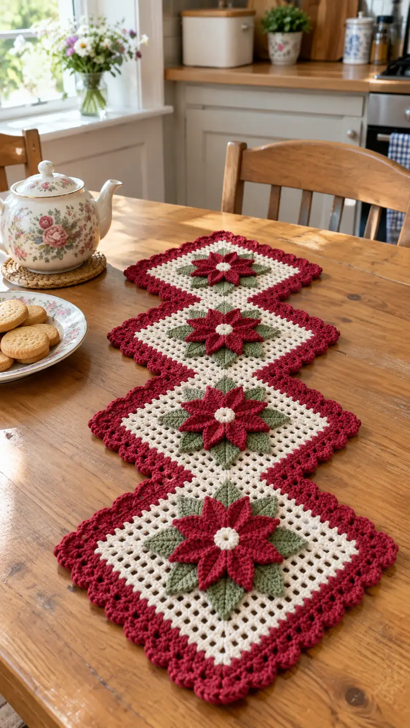 Holiday Poinsettia Square Table Runner Pattern crochet pattern - detailed view of completed project
