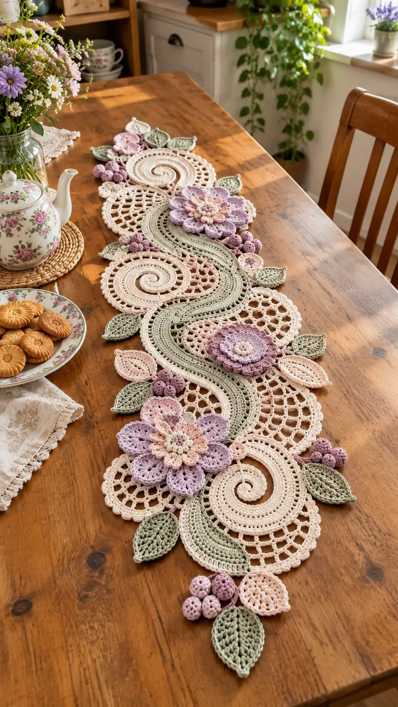 Floral Lace Table Runner Pattern crochet pattern - detailed view of completed project