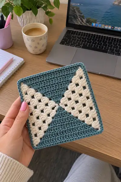 Creamy Blue Diamond Square Bedspread Pattern step 2 - assembly progress