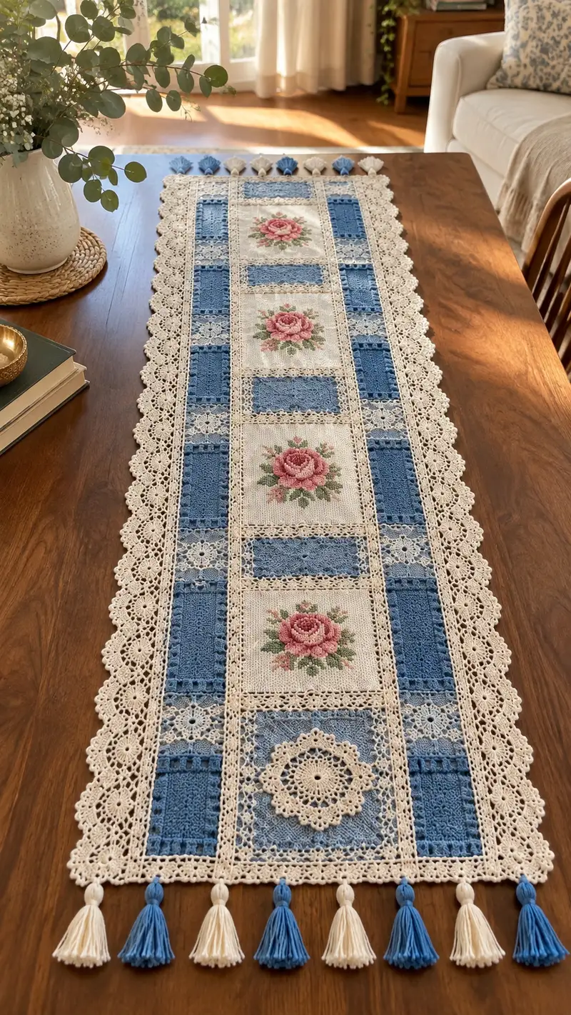 Vintage Rose Patch Table Runner Pattern crochet pattern - detailed view of completed project