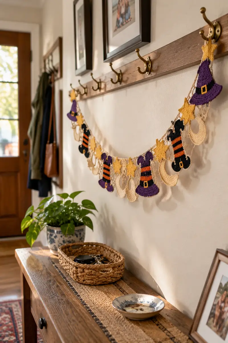 Witch Legs and Crescent Moon Halloween Table Runner Pattern crochet pattern - detailed view of completed project