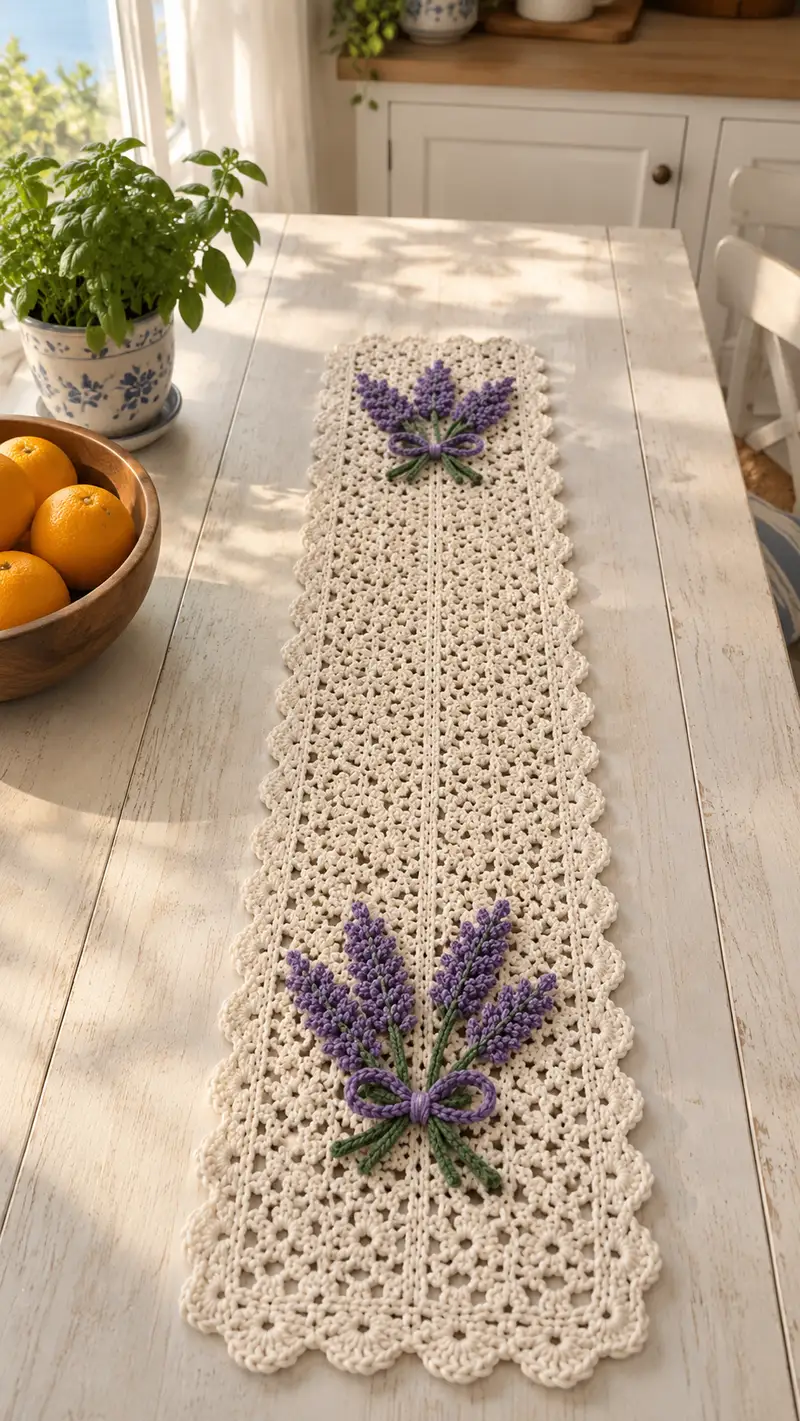 Lavender Lace Table Runner Pattern crochet pattern - detailed view of completed project