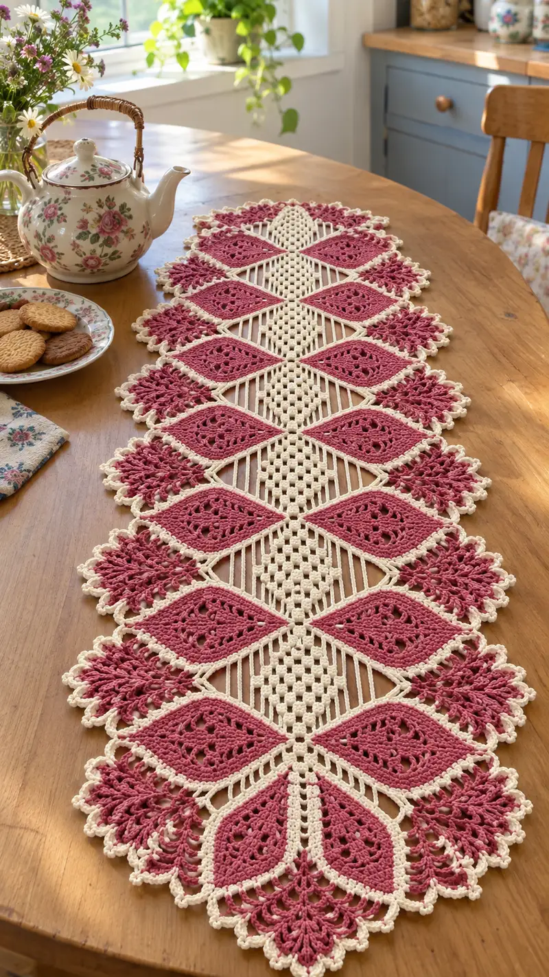 Vintage Diamond Lace Table Runner Pattern crochet pattern - detailed view of completed project