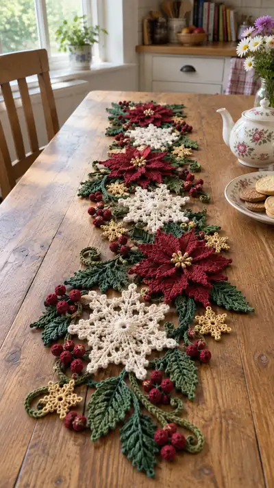Festive Poinsettia & Snowflake Table Runner Pattern step 1 - construction progress