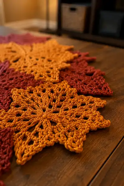 Overlapping Lacy Maple Leaf Table Runner Pattern step 2 - assembly progress